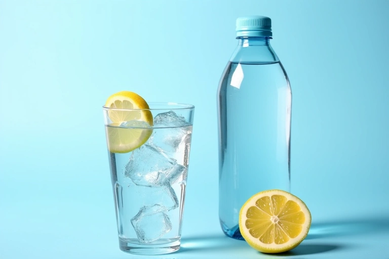 Bicchiere d'acqua fresca con cubetti di ghiaccio e una fetta di limone, accanto a una bottiglia d'acqua, su sfondo blu.